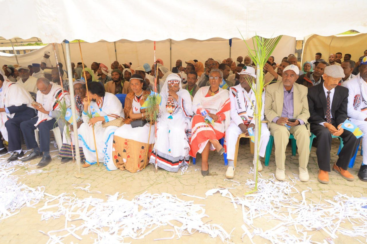 Guests seated under the ceremony tent.