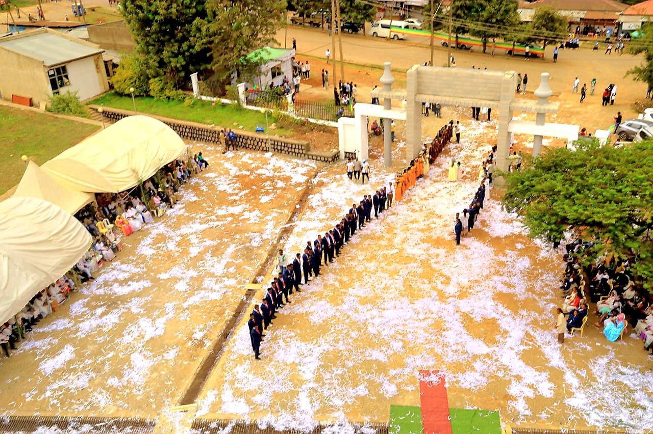 Aerial view of the opening ceremony gathering.